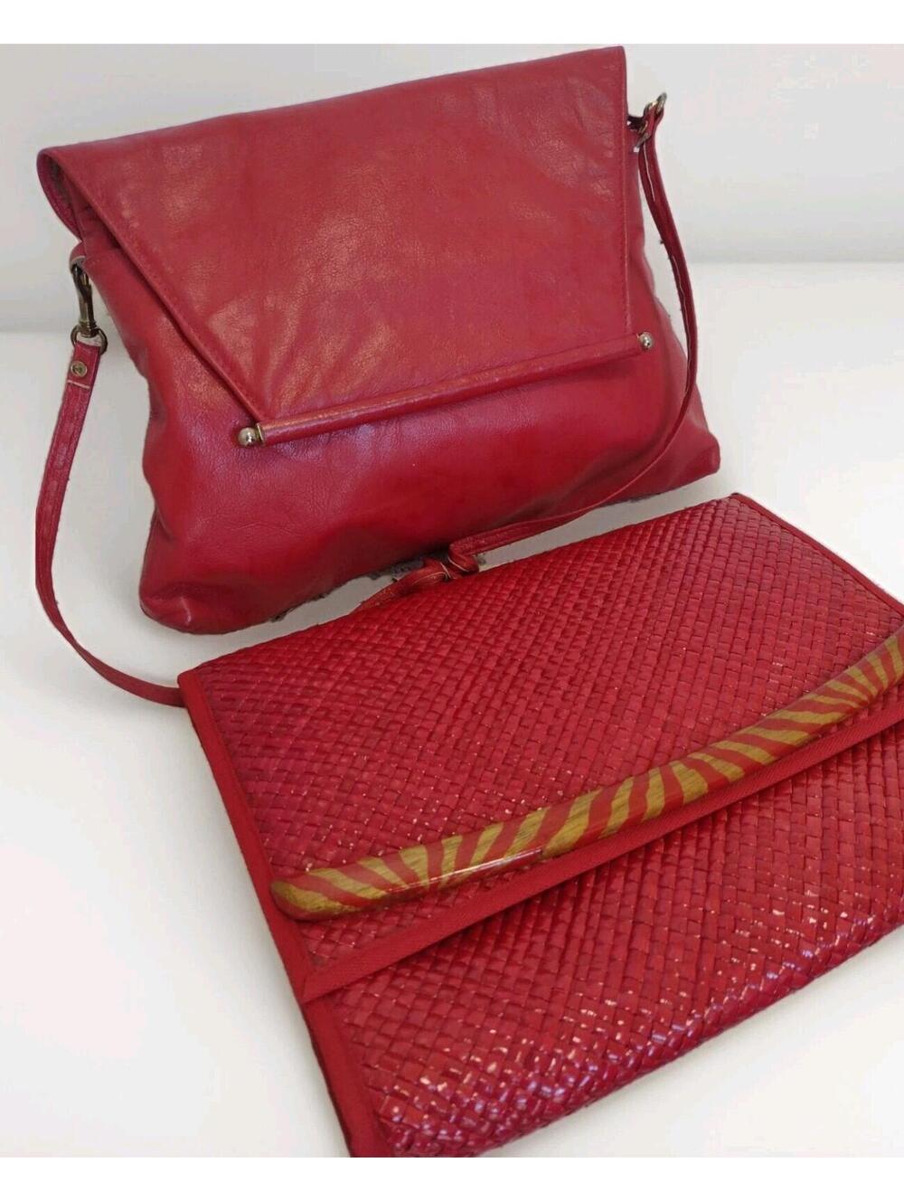 Set Of 2 VTG Red Leather & Straw Purses 80s Handmade Philippines Clutch Bag Lot